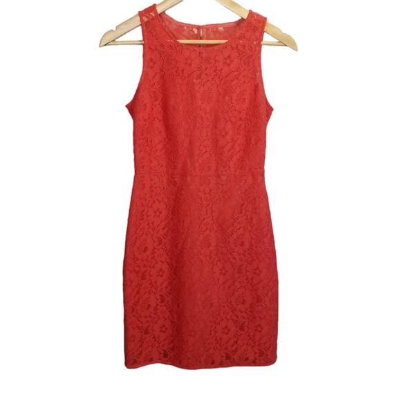 J. CREW Dress 00 XS Sleeveless Coral Poppy Lace Overlay A-line - Picture 1 of 7